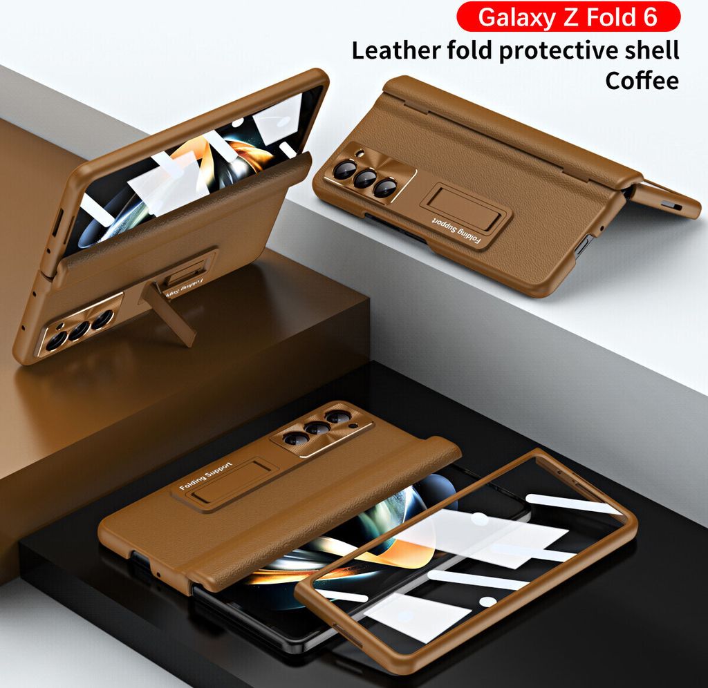 Handyhülle für Samsung Galaxy Z Fold 6 Leder Hülle mit Scharnierschutz, integriertem Glas Displayschutz und Ständer Braun