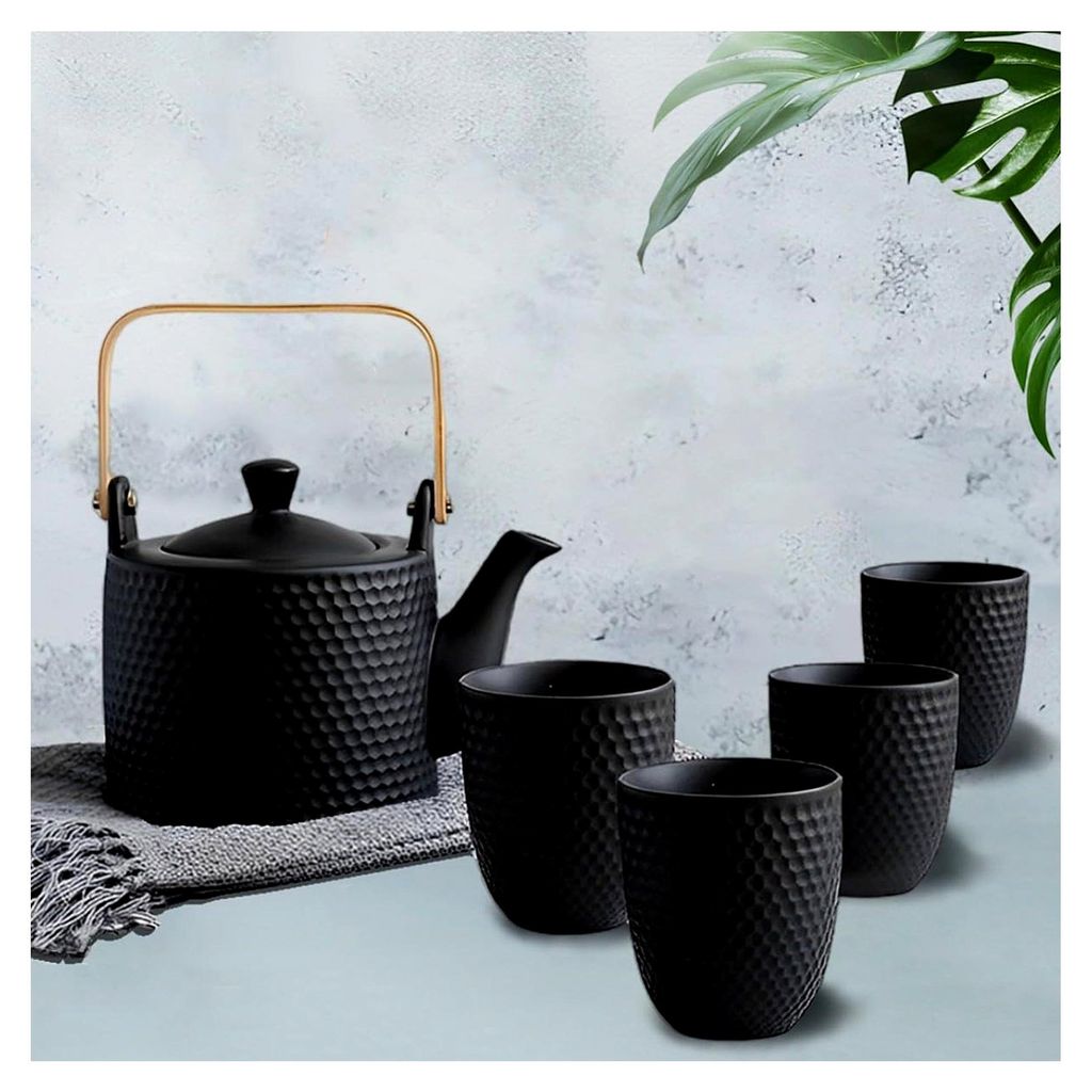 Japanisches Teeservice Keramik Schwarz, Vintage Porzellan Teeset mit Sieb, 900 ml Teekanne Set mit Holzgriff für losen Tee