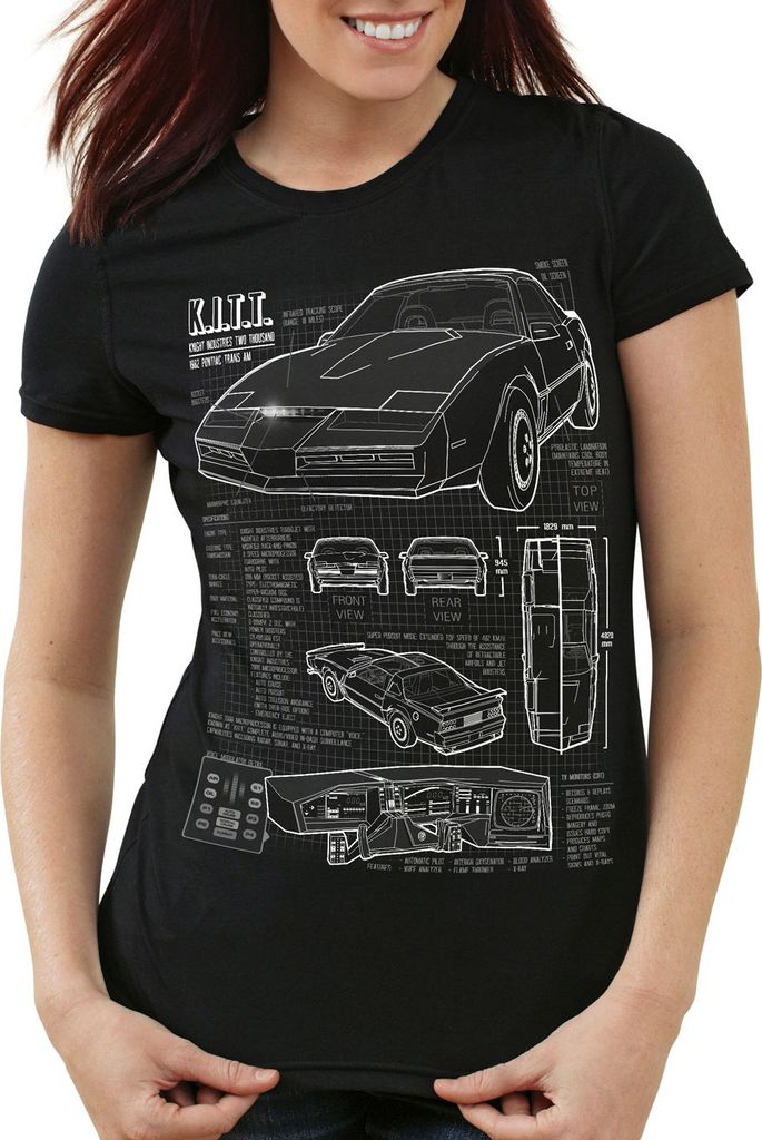 style3 K.I.T.T. Damen T-Shirt blaupause michael knight 2000 black rider, Farbe:Schwarz, Größe:XL