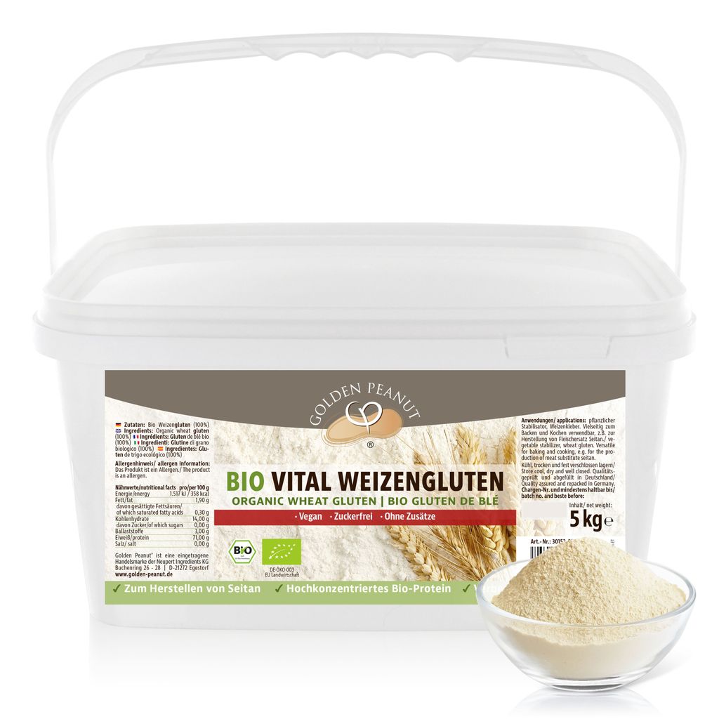 GOLDEN PEANUT Vital Weizengluten BIO 5 kg - natürliches Verdickungsmittel, veganes Weizeneiweiß, Seitan, Speisestärke zum Backen und Kochen