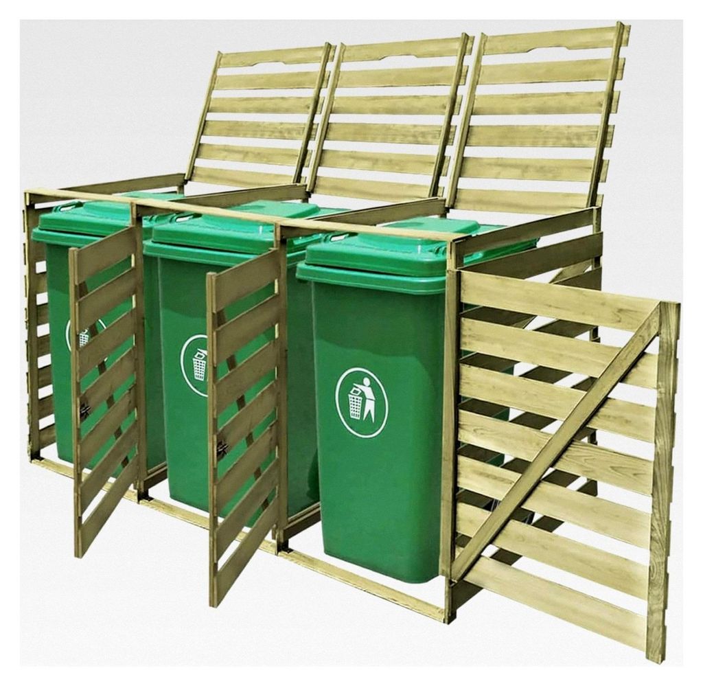 Mülltonnenbox für 3 Tonnen 240 L aus imprägniertem Holz, wetterfester Gartenschrank für Reihenhäuser und Mehrfamilienhäuser