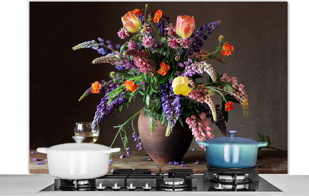 KitchenYeah Spritzschutz Küche - Küchenrückwand - Wandschutz für Herd und Spüle - Stilleben - Wein - Blumen 120x80 - Alu-Dibond (Alternative...