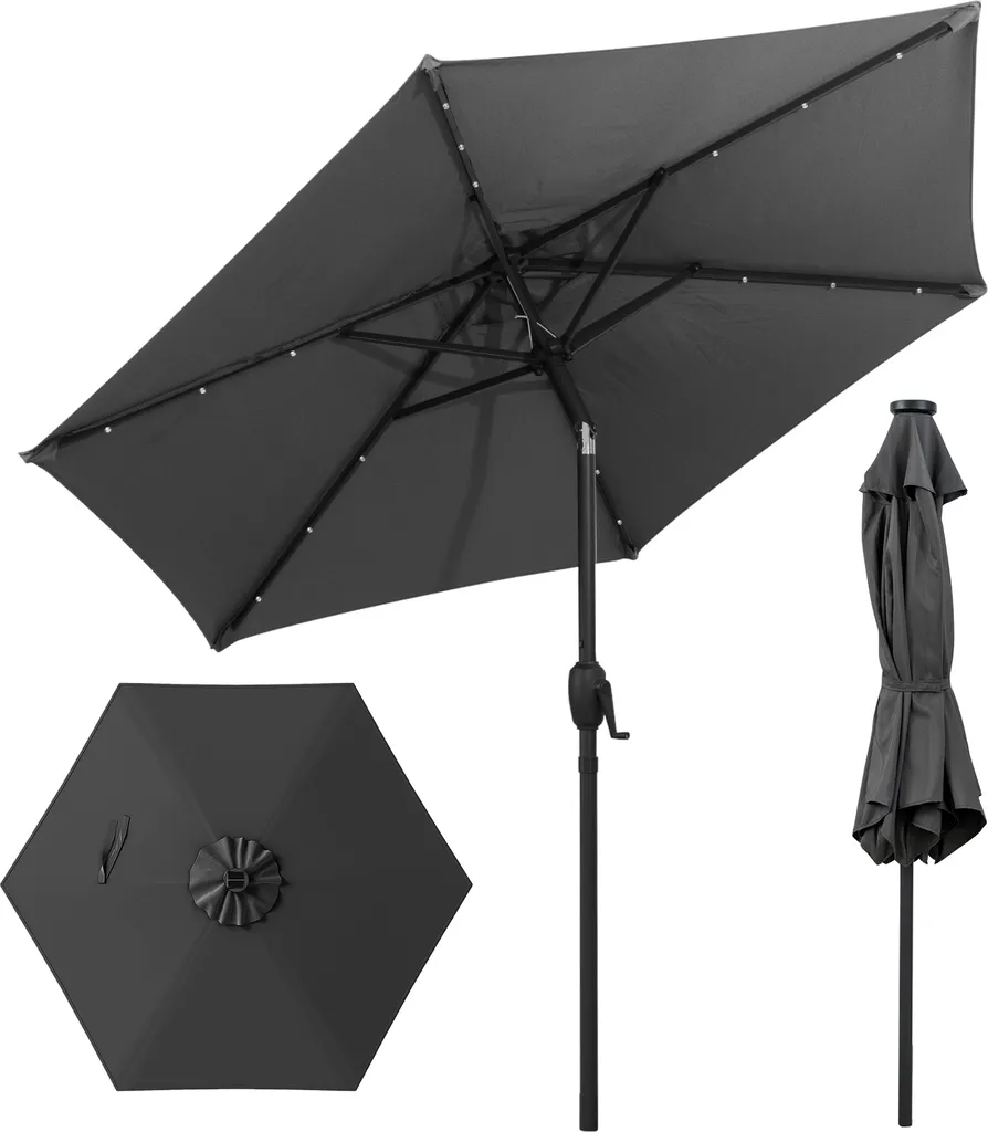 Parasol de terrasse avec éclairage solaire LED inclinable gris