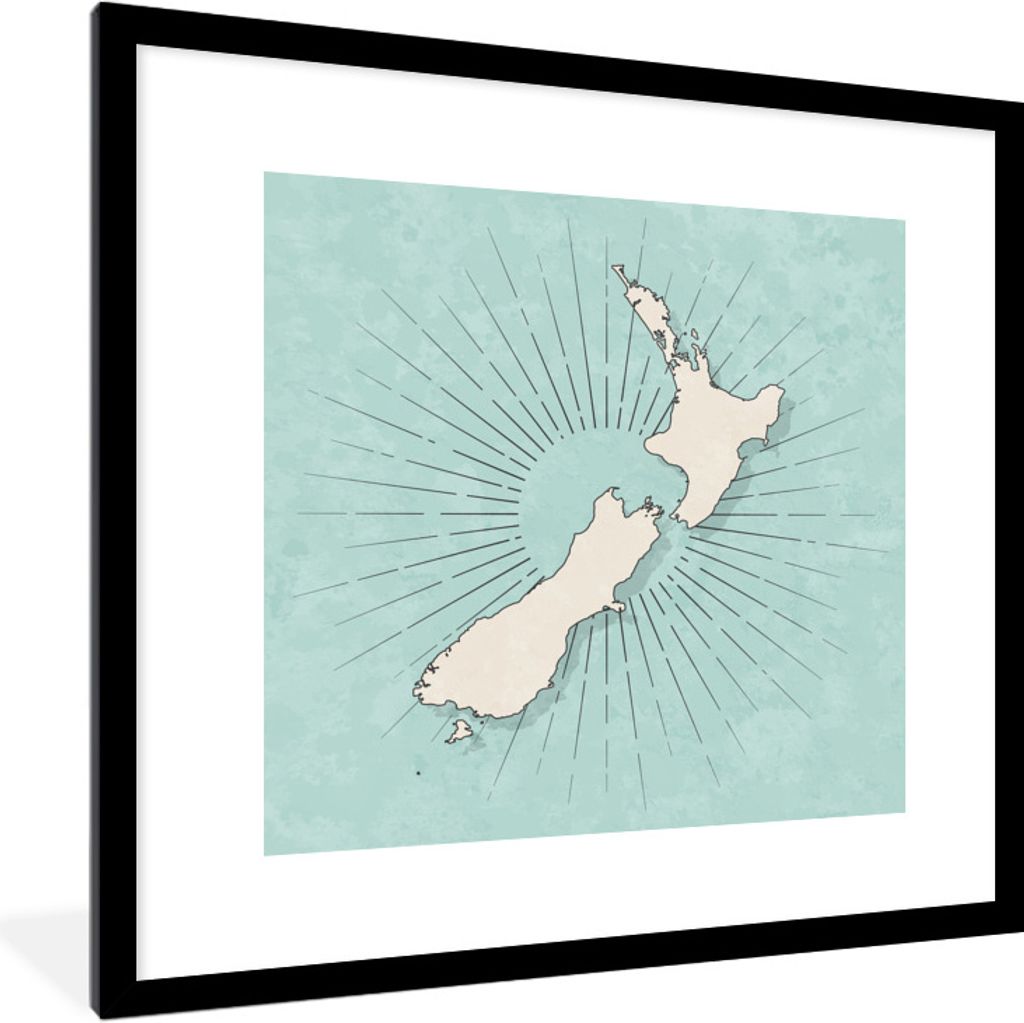 MuchoWow Gerahmtes Poster Eine Illustration einer weißen Karte von Neuseeland auf blau-grünem Hintergrund 40x40 cm - Poster mit Schwarzem Bilde...