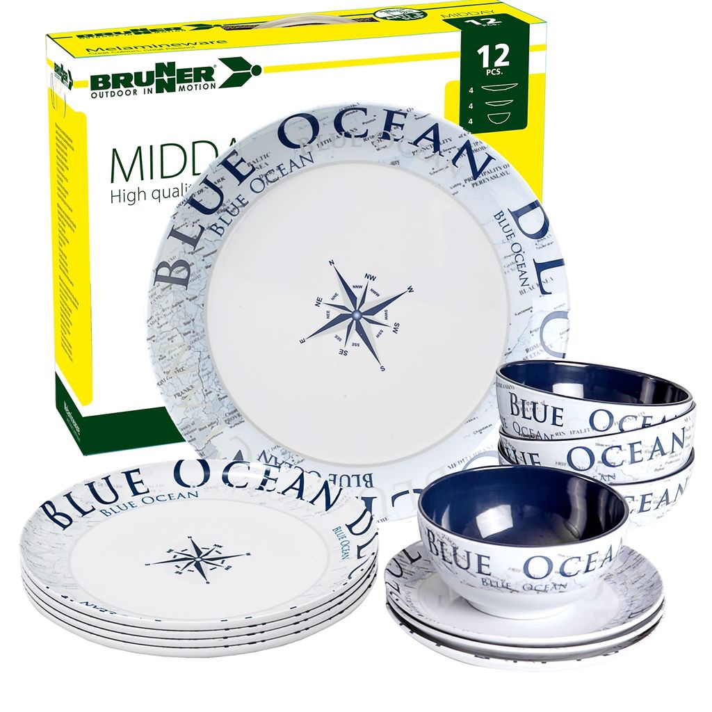 BRUNNER Camping Geschirr Set 4 Personen | Anti-Slip | Midday BLUE OCEAN, 12-tlg.