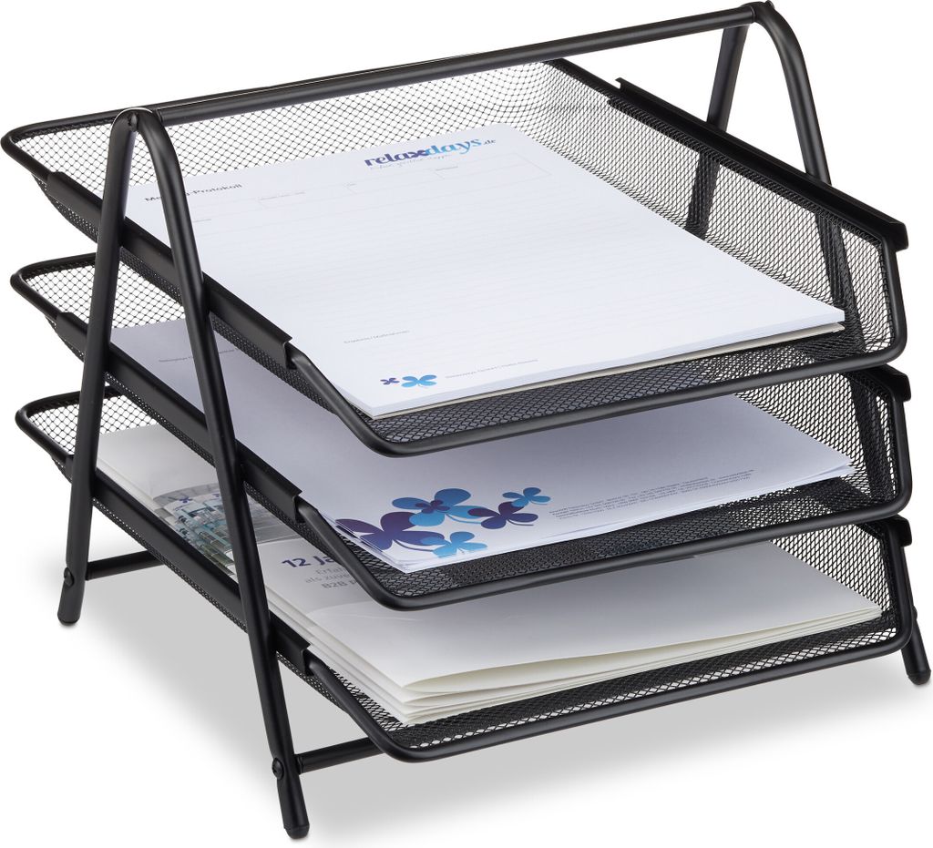 Relaxdays Dokumentenablage aus Metall, Briefablage 3 Fächer, Mesh Design Schreibtischablage für A4 Dokument, schwarz, 35.5 x 29.5 x 27 cm