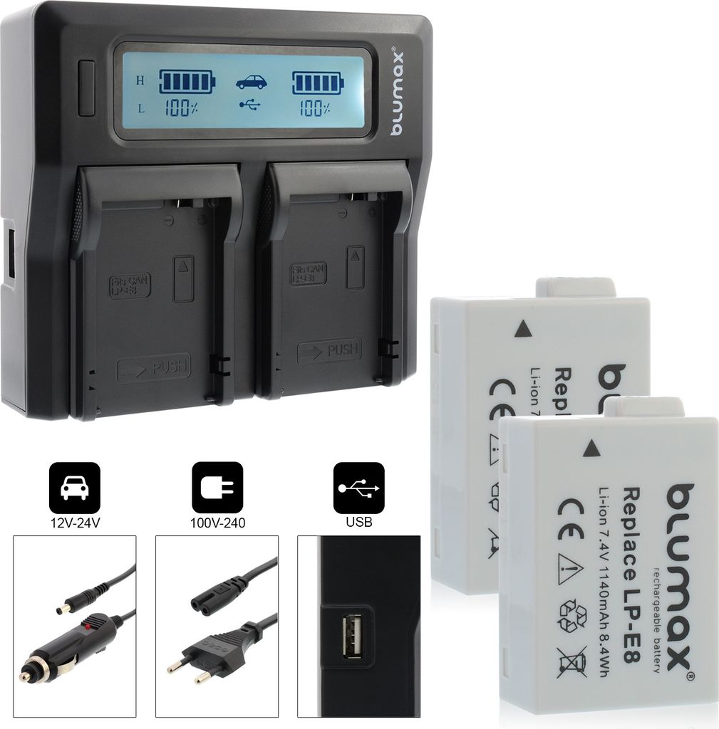 2x Akku + Lader für Canon Lp-E8 EOS 550D 650D 700D Rebel T3i 1140 mAh (7,2V)