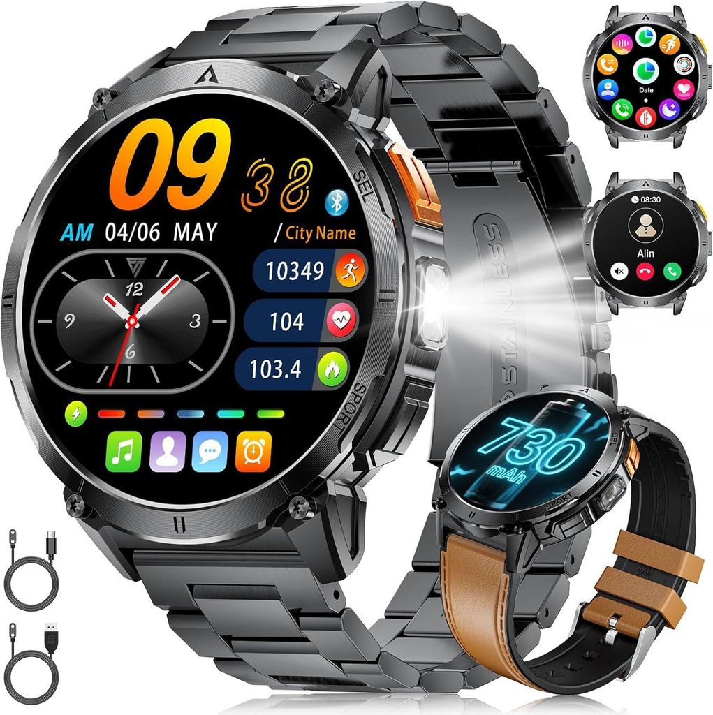Herren-Smartwatch mit Bluetooth-Anrufen 3 ATM Wasserdichtigkeit LED-Taschenlampe, über 110 Sportmodi, Herzfrequenzmessung, Schlafüberwachung, SpO2