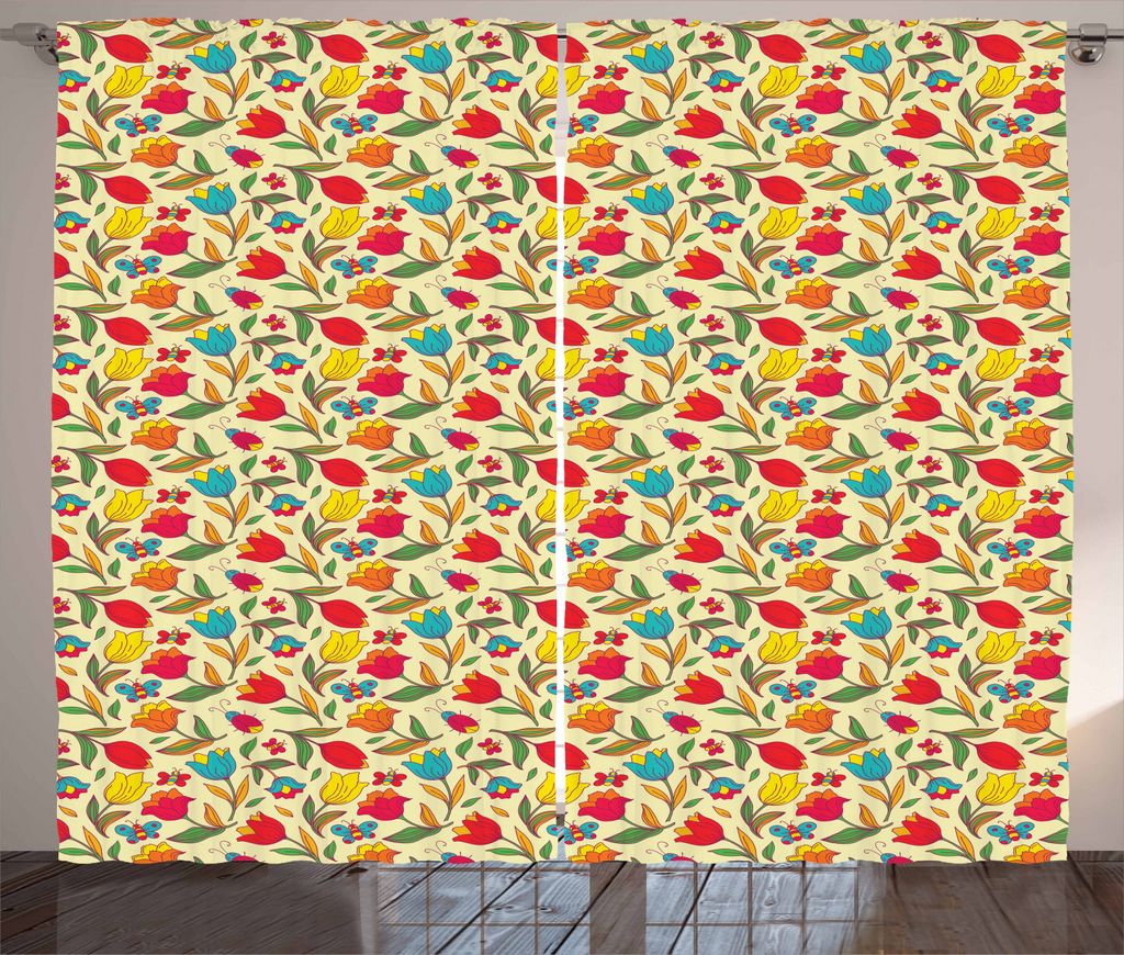 ABAKUHAUS Bunt Rustikaler Gardine, Schmetterlinge Bee Tulpen, Schlafzimmer Kräuselband Vorhang mit Schlaufen und Haken, 280 x 225 cm, Mehrfarbig