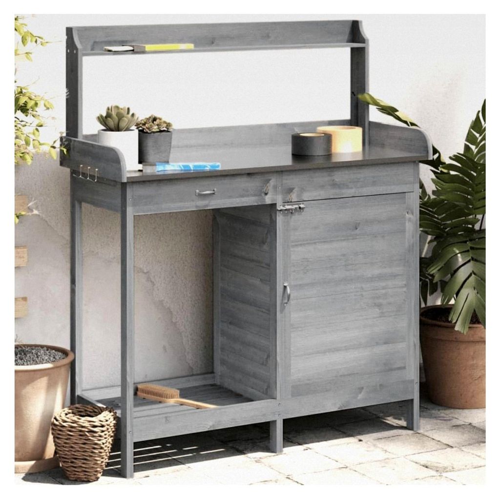 Pflanztisch aus Holz mit Schublade und Regal für Garten und Terrasse - Grau, 110,5 x 45 x 124,5 cm