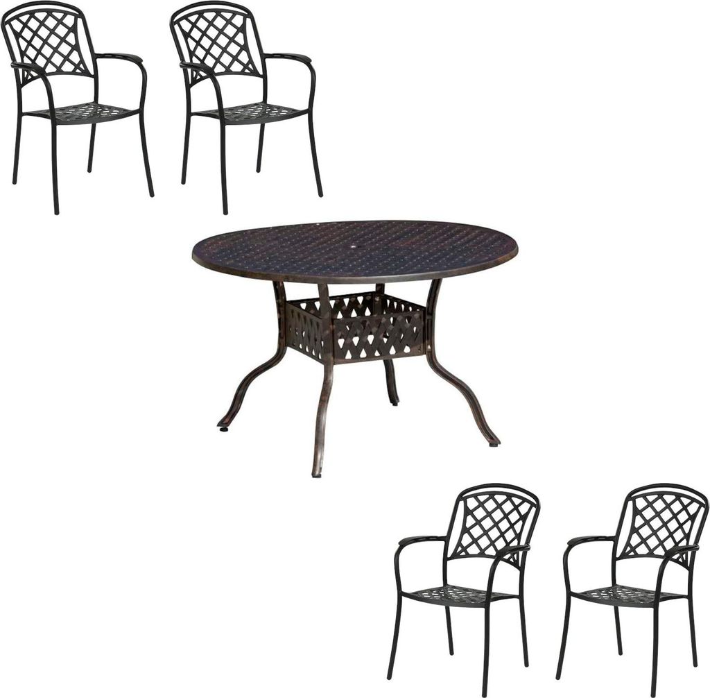 Inko 5-teilige Sitzgruppe Aluminium Guss bronze Tisch Ø 120 cm mit 4 Sesseln