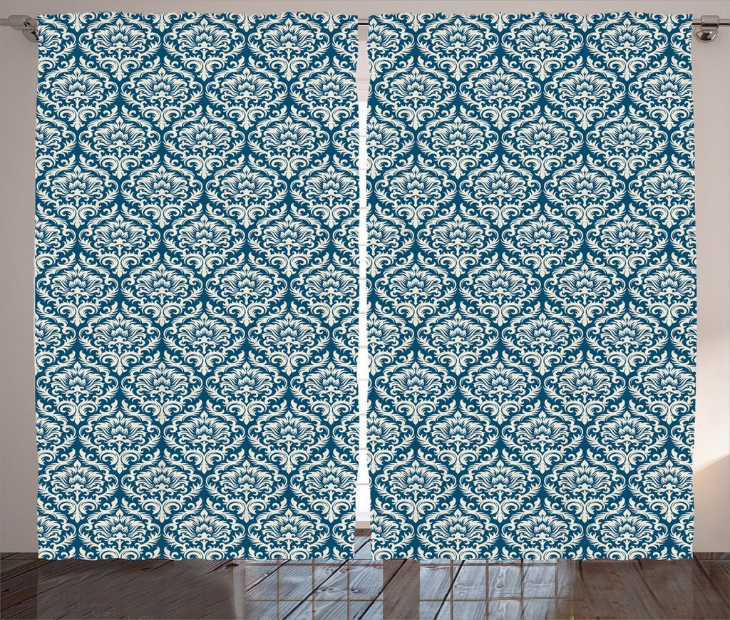 ABAKUHAUS Damast Rustikaler Gardine, Blaues Blumenmuster, Schlafzimmer Kräuselband Vorhang mit Schlaufen und Haken, 280 x 245 cm, Blau Weiss