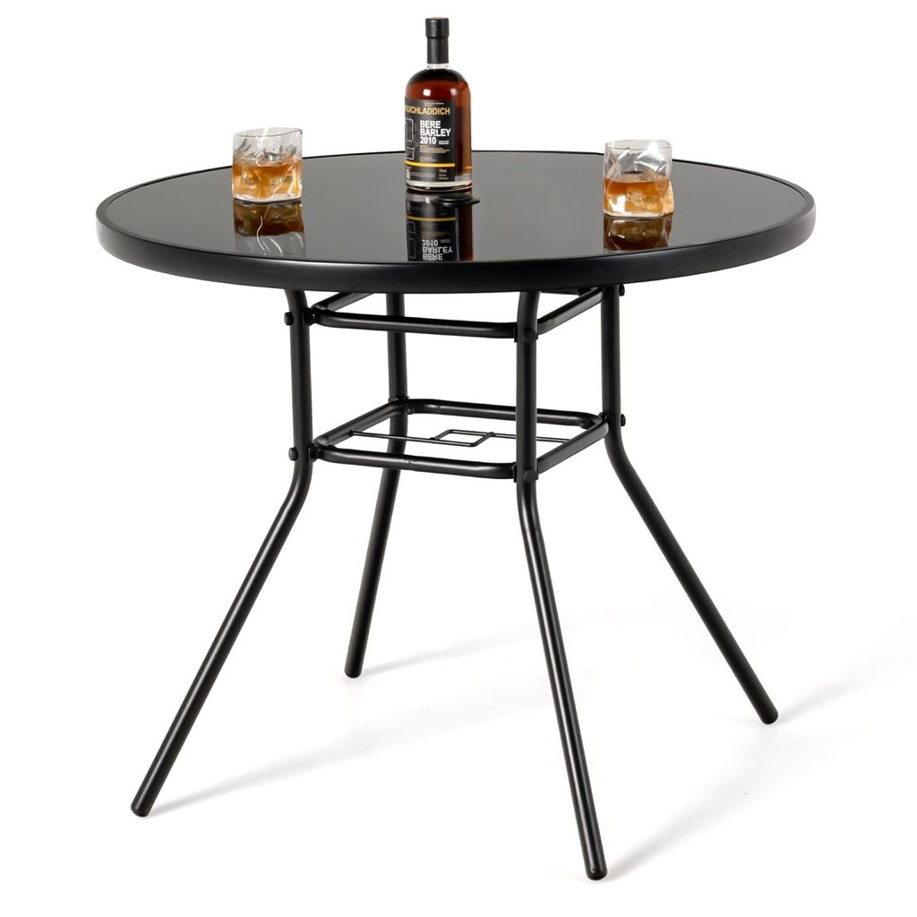 GOPLUS Gartentisch Metall, 86cm Beistelltisch Outdoor mit Glasplatt & 3,5cm Schirmloch, Balkontisch Terrassentisch wetterfest, Schwarz