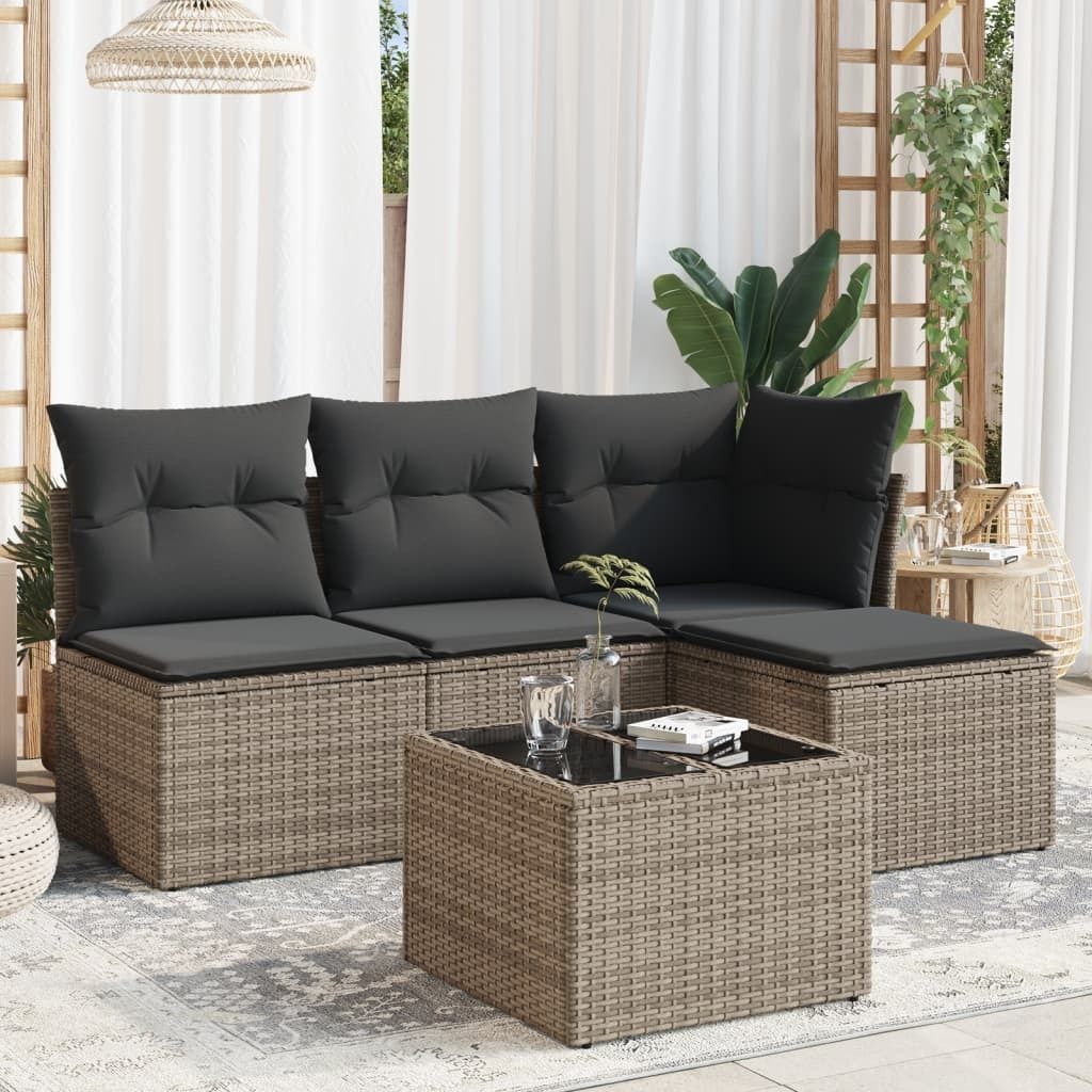 CLORIS 5-tlg. Garten-Sofagarnitur - mit Kissen - Grau Poly Rattan - Gartenmöbelgarnituren LL0000257592