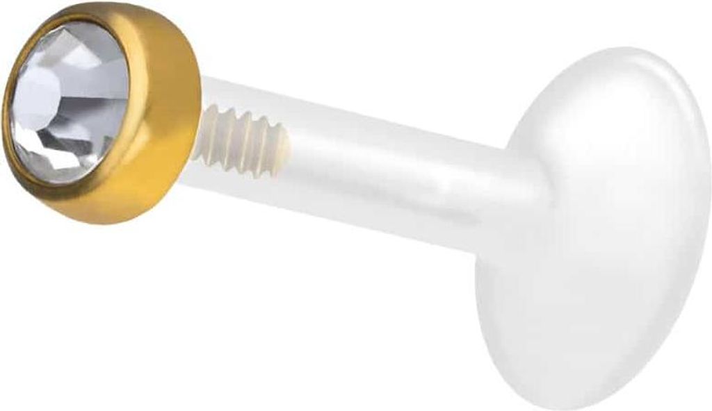 Ohrpiercing, Nasenpiercing PTFE Labret mit Innengewinde + Titan-Aufsatz KRISTALLDISC Gold Stablänge: 9mm | Stabstärke: 1,2mm | Discgröße: 3mm