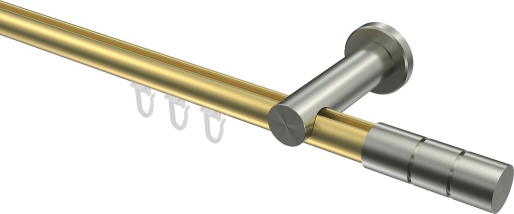Interdeco Innenlaufstange / Gardinenstange mit Innenlauf Messing-Optik / Edelstahl-Optik, Typ Platon Elanto (Rillenzylinder), 20 mm Ø 1-läufig, 4...