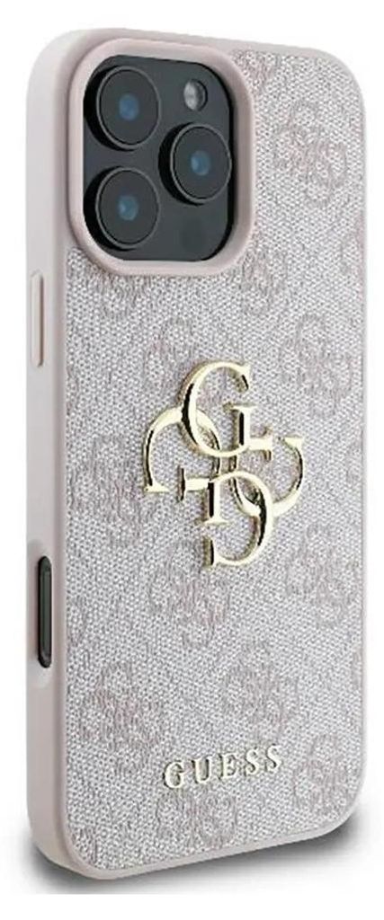 A pink hardcase for an iPhone 16 Pro Max with the Guess logo.