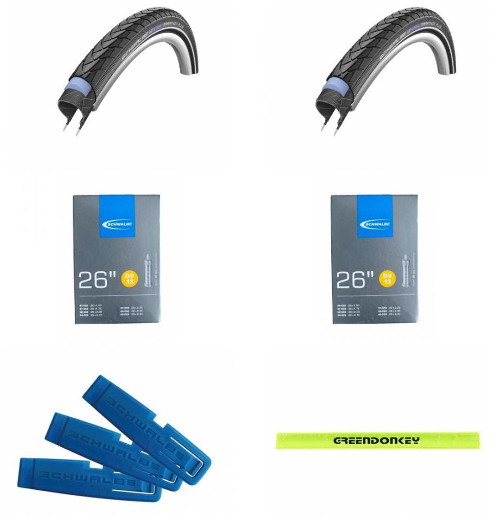 2x Schwalbe Drahtreifen MARATHON PLUS 26x1.75 + 2x Schlauch DV13 lose + 1x Re...