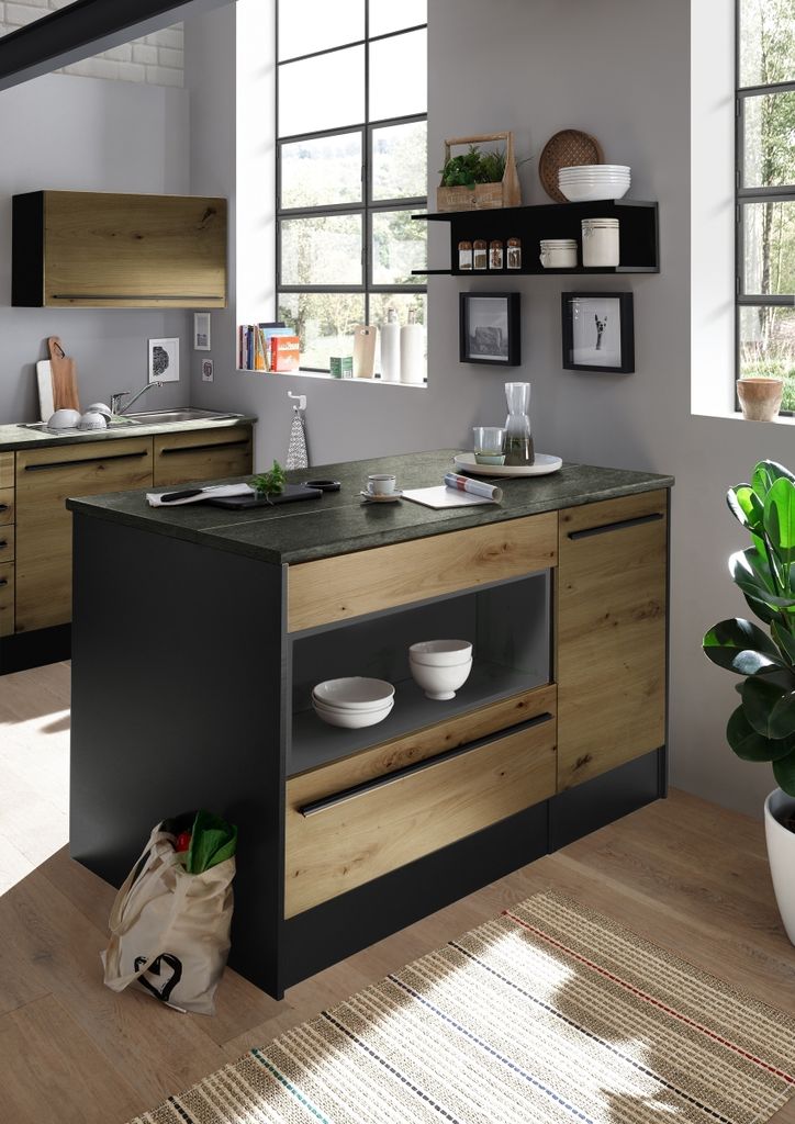 JAZZ Moderne Kücheninsel mit Arbeitsplatte freistehend in Artisan Eiche Optik, Anthrazit - Geräumige Kochinsel mit viel Stauraum - 145 x 90 x 90 ...
