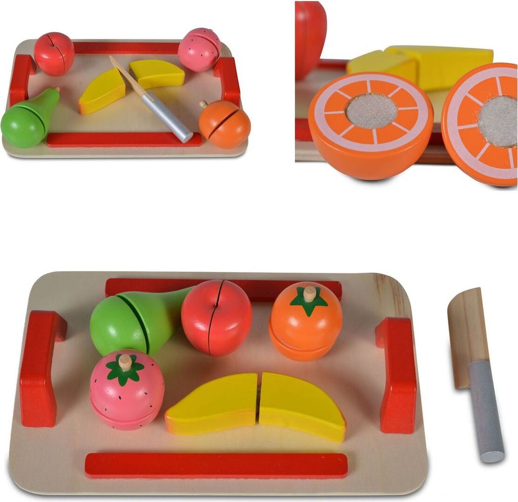 Moni Spielzeug Obst Set 4306 Holz Brett Messer Spielzeugfrüchte Selbstverschluss bunt