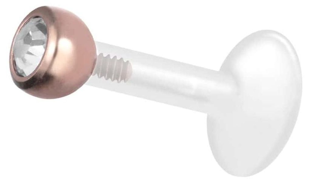 Ohrpiercing, Nasenpiercing PTFE Labret mit Innengewinde + Titan-Aufsatz KRISTALL RoséGold Stablänge: 9mm + Stabstärke: 1,2mm + Kugelgröße: 3mm