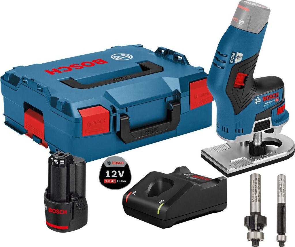 Bosch Akku-Kantenfräse GKF 12V-8 12 V / 1x 2,0 Ah Akku + Ladegerät inkl. 2x Fräser in L-Boxx