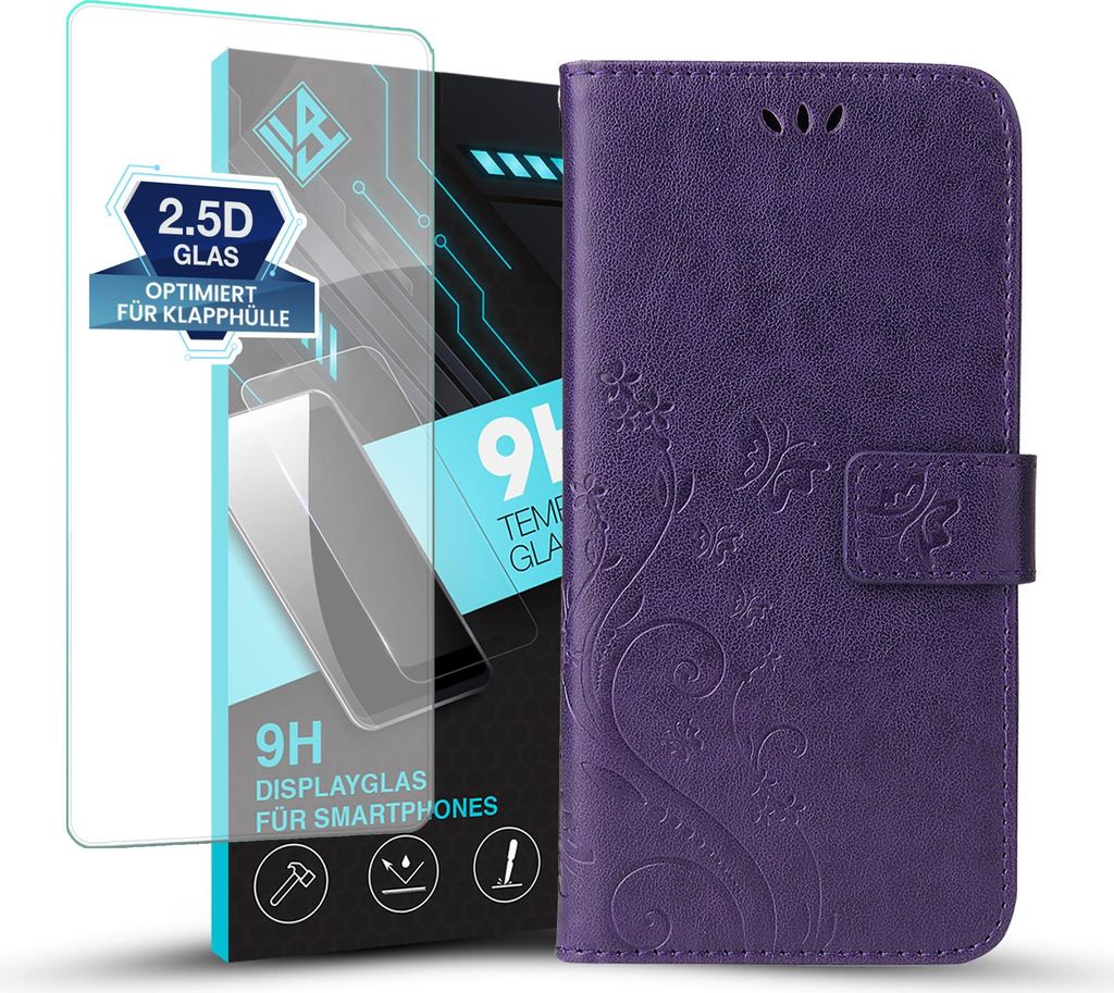 Handyhülle für Xiaomi Redmi Note 12 Pro 5G mit 9H Displayglas Floral Blumen Schmetterling Flip Cover Hülle Case Klapphülle Handytasche Farbe: V...