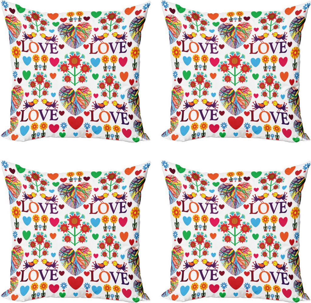 ABAKUHAUS Liebe Kissenbezug Set (4 Stück), Bunte Blüten Vögel, Moderner Doppelseitiger Digitaldruck, 50 cm x 50 cm, Mehrfarbig