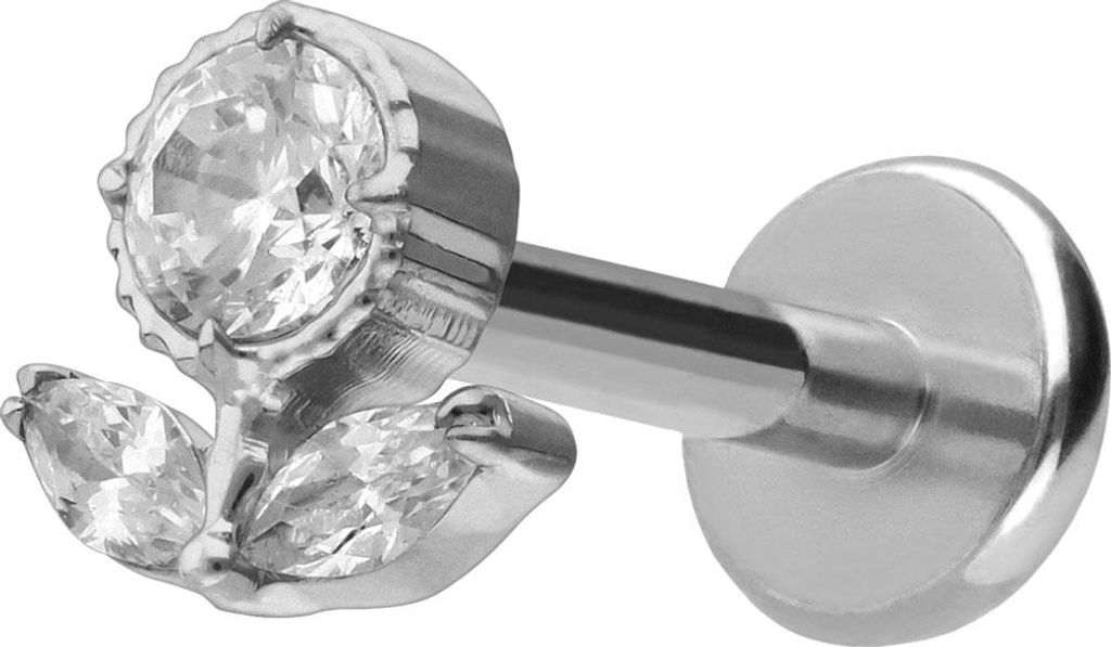 Ohrpiercing, Nasenpiercing Titan Labret mit Push Fit KRISTALLBLUME Silber Stablänge: 9mm | Stabstärke: 1,2mm