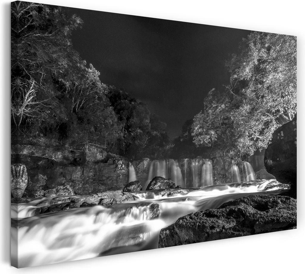 Leinwandbild (100x70cm): Wasserfall at night lights Lichter besonders Natur-Bilder schwarz-weiß, echter Holz-Keilrahmen inkl. Aufhänger, handgefe...