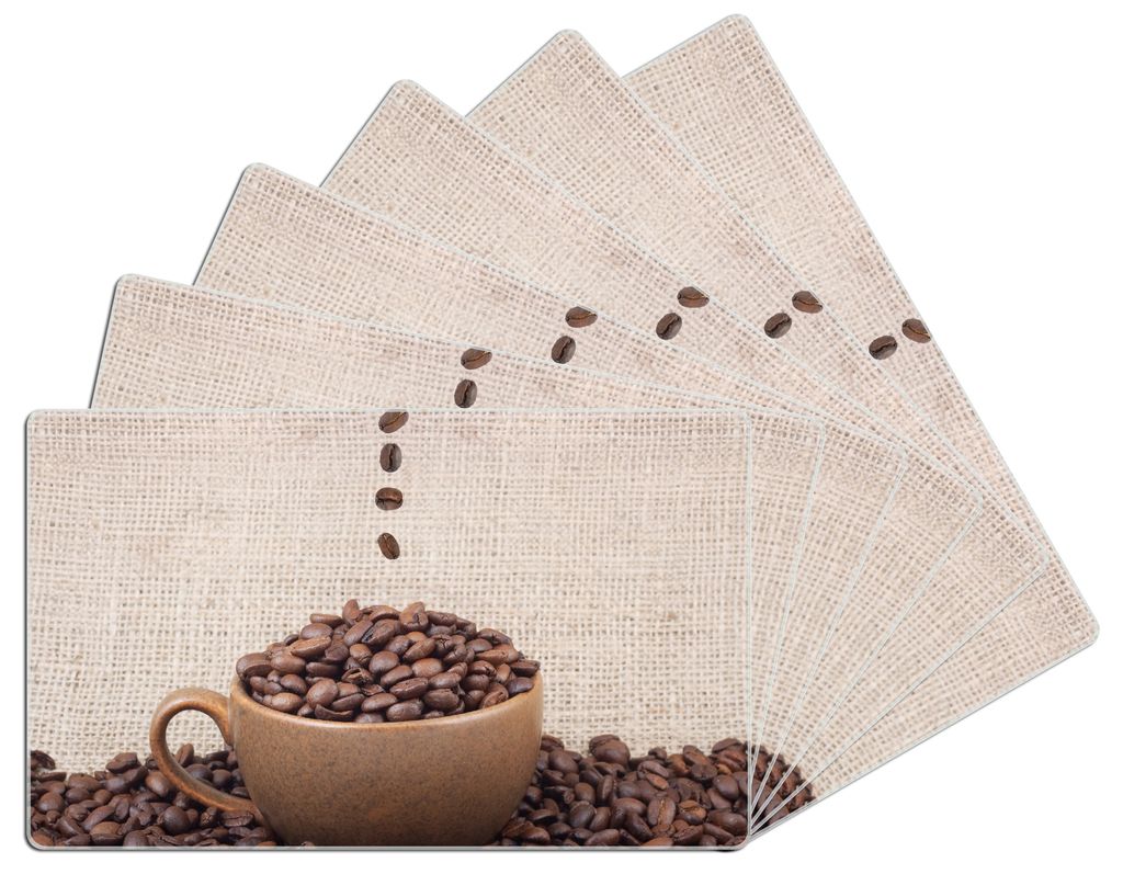 Wallario Frühstücksbrettchen 6er Set aus Glas, je 14 x 23 cm, mit rutschfesten Füßen, Motiv Tasse mit Kaffeebohnen - Kaffeedesign