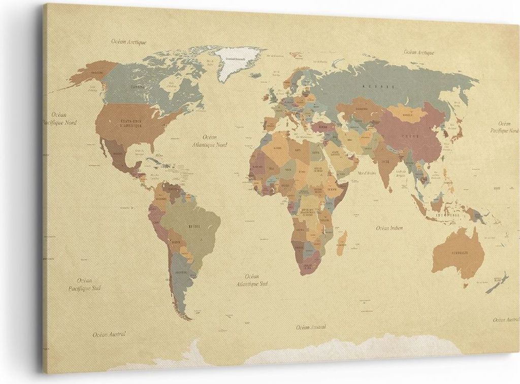 Bild auf Leinwand - Leinwandbild - Karte Welt Land - 100x70cm - Wand Bild - Wanddeko - Wandbilder - Leinwanddruck - Bilder - Kunstdruck - Wanddekor...
