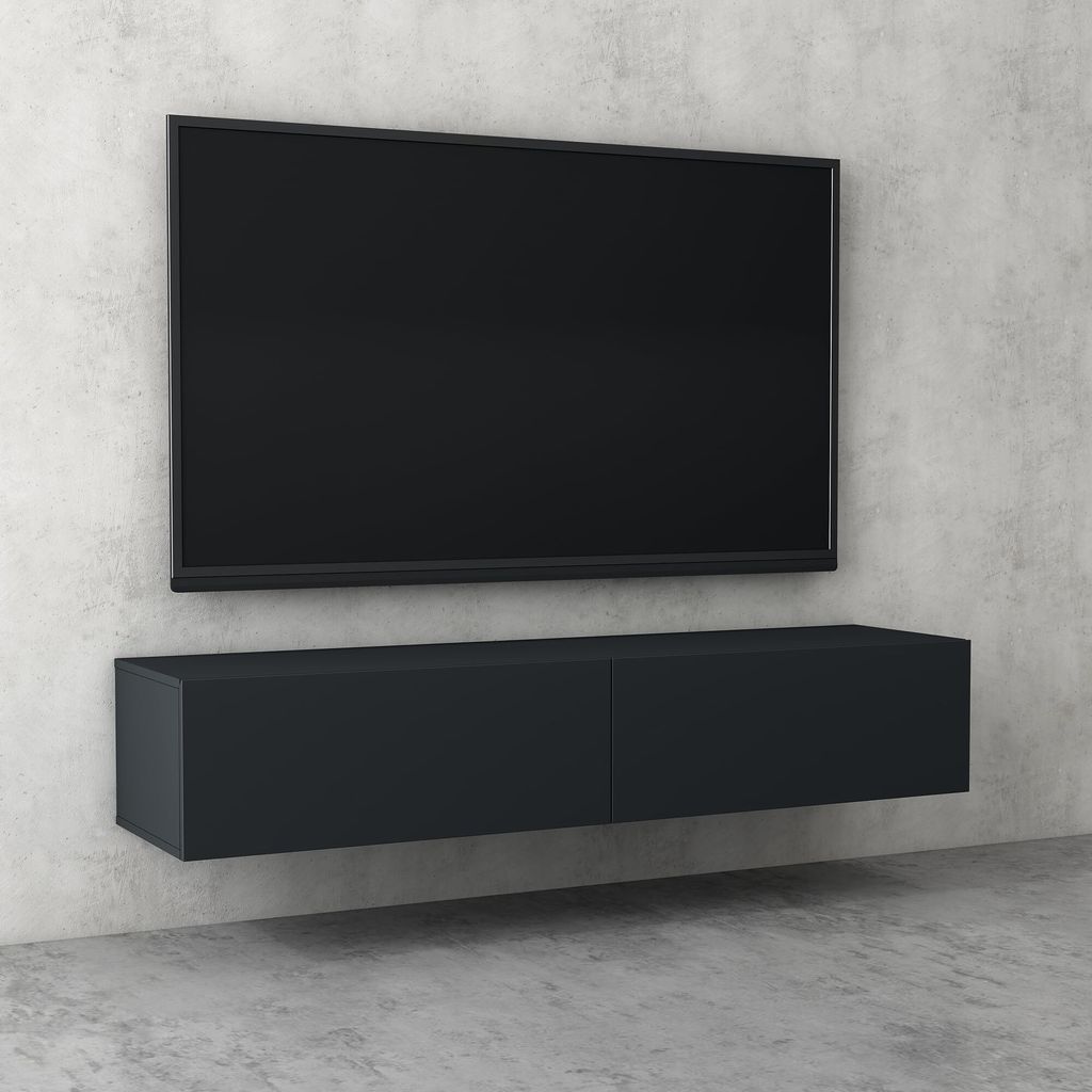 A modern, minimalist living room setup with a wall-mounted TV and a floating media console against a textured concrete wall.