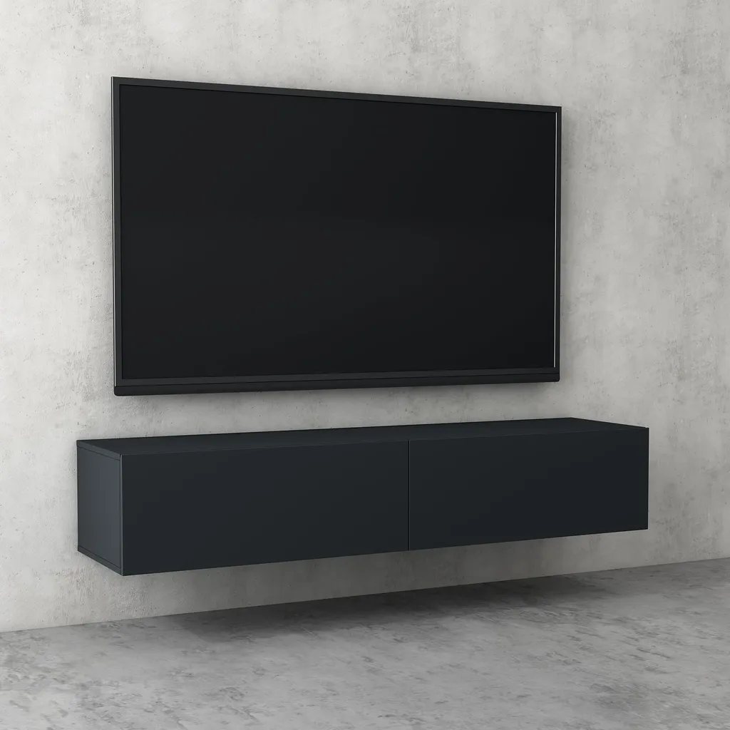 Meuble TV Long 320cm avec Portes et Rangements Gris Noir Mat Design