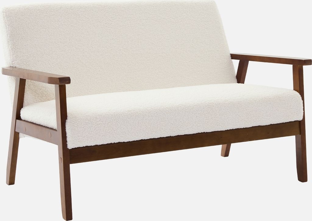 sweeek - 2 Sitzer Bank mit Bouclé-Bezug und Füße in hellem Nussbaum getönt - Creme