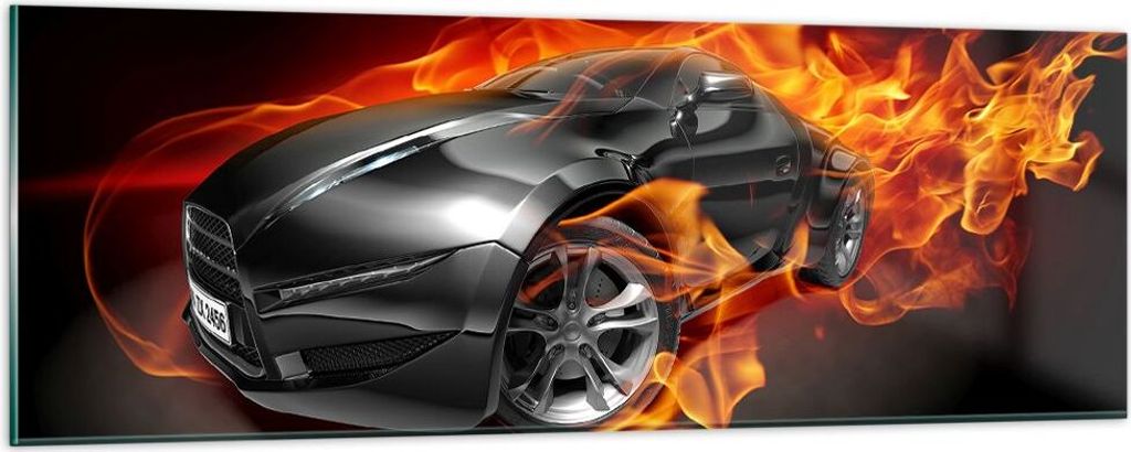 Bilder auf glas - Sportwagen Feuer Flammen Rauch - 90x30cm - Glasbilder - Wandbilder - Kunstdruck - zum Aufhängen bereit - Wanddekoration aus Glas...