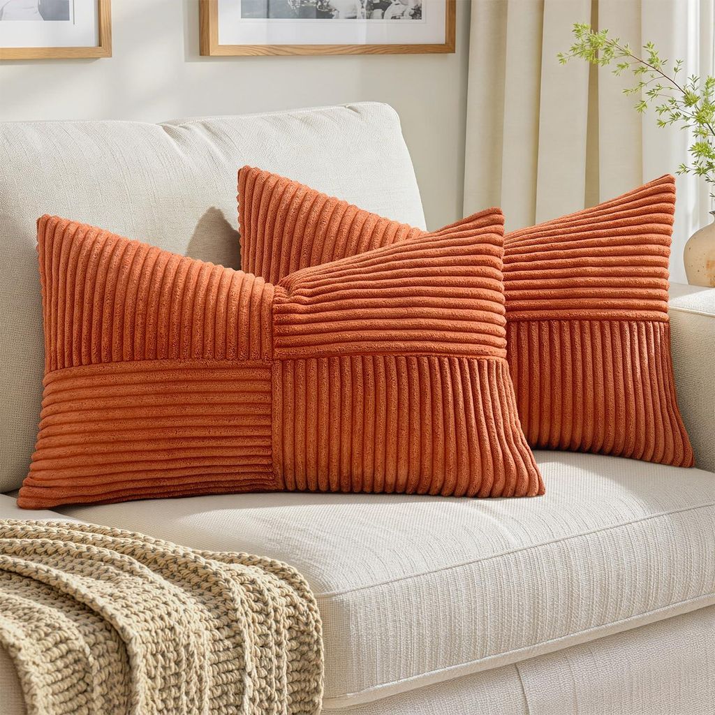 Kissenbezug 30 x 50 cm, karamellfarben, Cord, Dekokissen für Sofa, Kissenbezug, Patchwork-Cord-Dekokissen für Sofa, Wohnaccessoires, 2er-Set