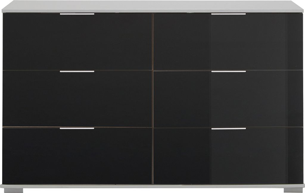 Schlafzimmer Kommode mit 6 Schubladen in weiß mit schwarzem Glas ELSTRA-43, B/H/T ca. 130/83/41 cm