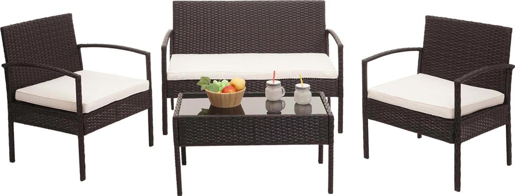 Poly-Rattan Garnitur MCW-F56, Balkon-/Garten-/Lounge-Set Sitzgruppe braun, Kissen creme