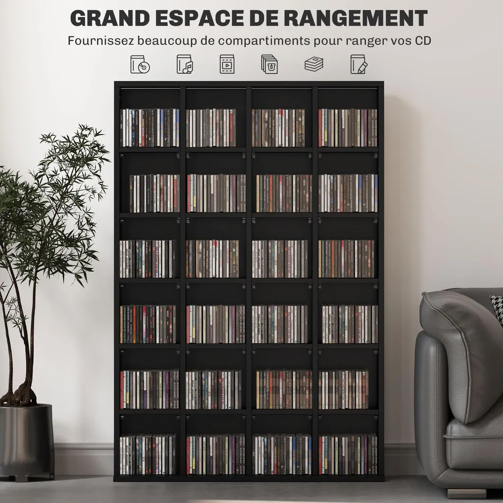 Étagère Multimédia Noire pour 456 CD - Bibliothèque Bois Modulable - 3