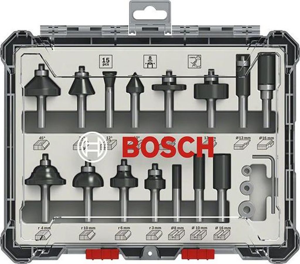 Fraise Mixte, Queue 6 mm, Coffret 15 pièces, Carbure, BOSCH Image du produit 