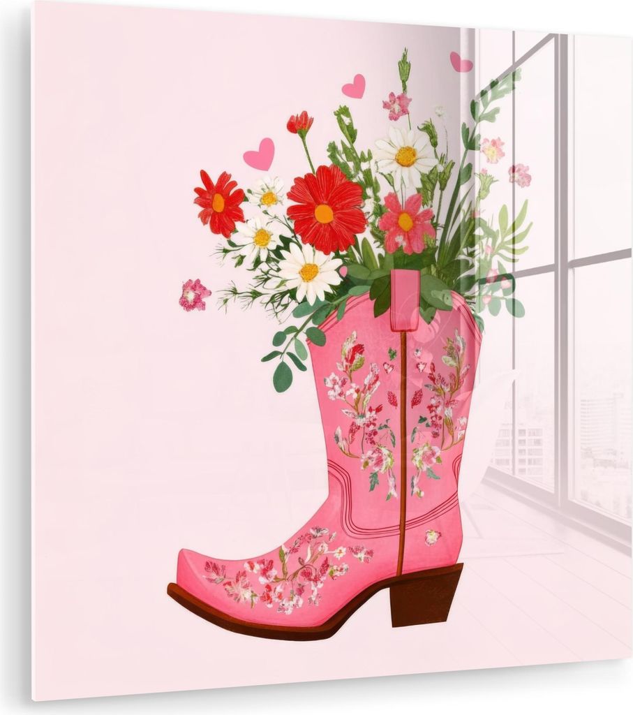 MuchoWow Glasbilder - Bilder auf Wandbild - Foto auf Glas Cowboystiefel - Rosa - Strauß - Blumen 20x20 cm Wanddekoration aus Glas - Acrylglasbild ...
