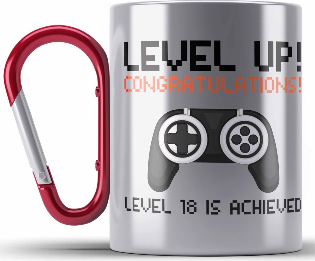 Trendation - 18. Geburtstag Edelstahl Tasse Karabiner Produktbild 
