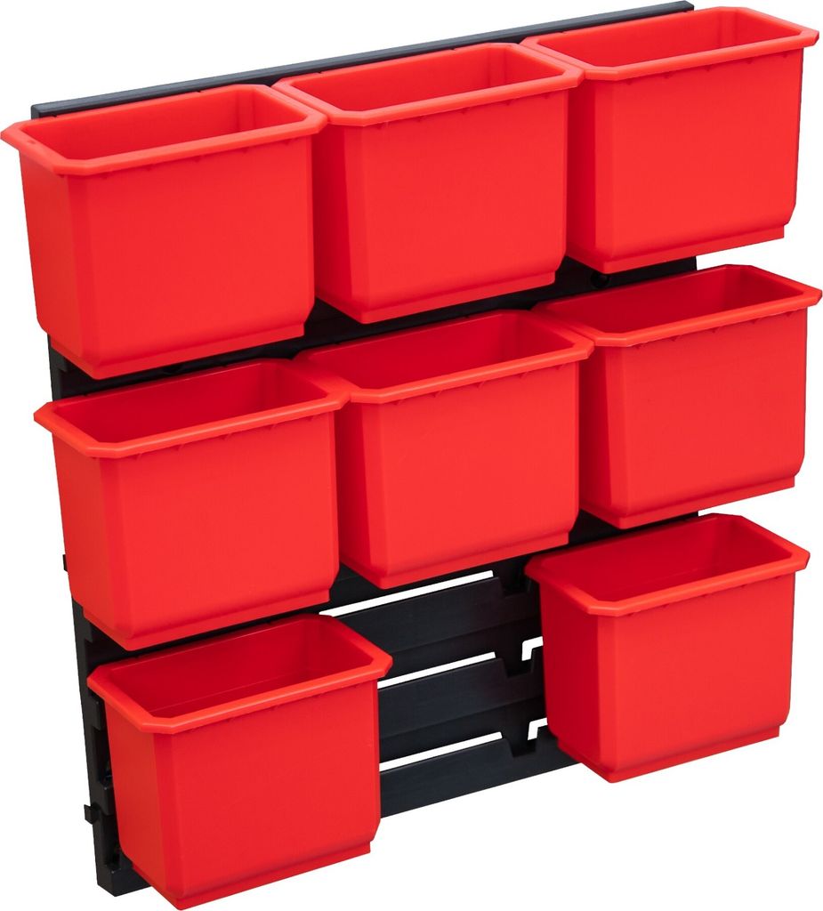 A wall-mounted storage system with nine red bins attached to a black grid.