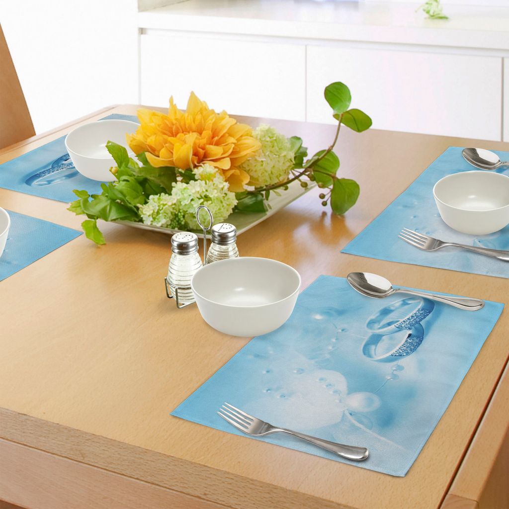 ABAKUHAUS Hochzeit Platzmatten, Verlobungs-Hochzeits-Ringe mit Perlen auf blauem träumigem Hintergrund-Grafik-Druck, Tiscjdeco aus Farbfesten Stof...