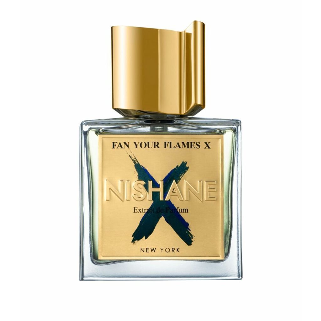 A bottle of Nishane Fan Your Flames X perfume against a white background.