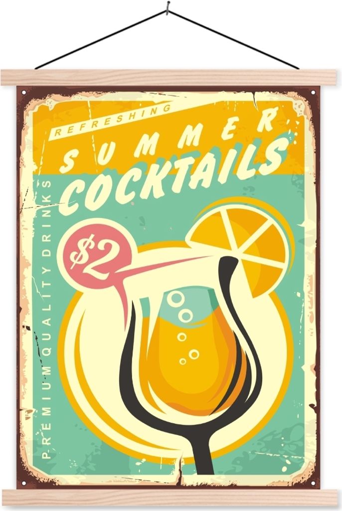 MuchoWow Textilposter Cocktail - Vintage - Zeichnung 60x80 cm mit holzfarbenen Rahmen - Wandbild