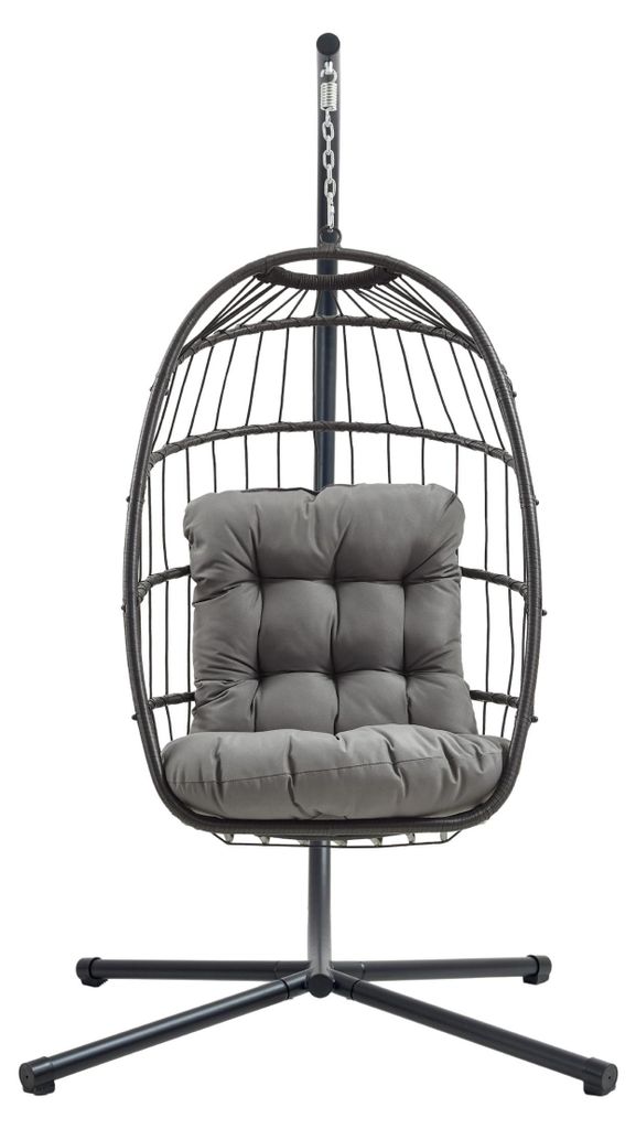 Hängesessel Schwarz aus Rattan, Garten Schaukel, klappbar, 15cm Kissen, Stahlgestell, Tragkraft 150kg, draußen und drinnen, Terrasse, Balkon, UV-...