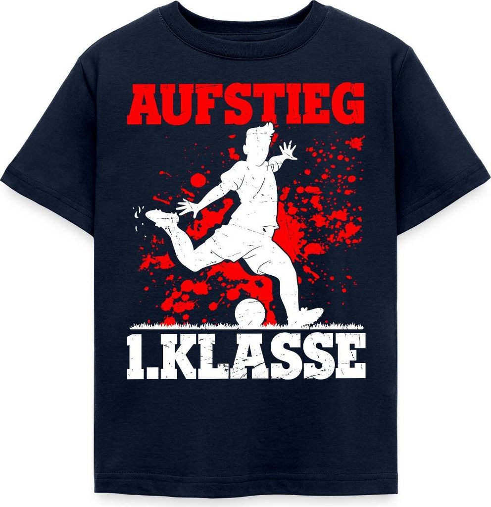 Spreadshirt Aufstieg 1. Klasse Schulanfang Fußball Rot Kinder T-Shirt, 122/128 (7-8 Jahre), Navy