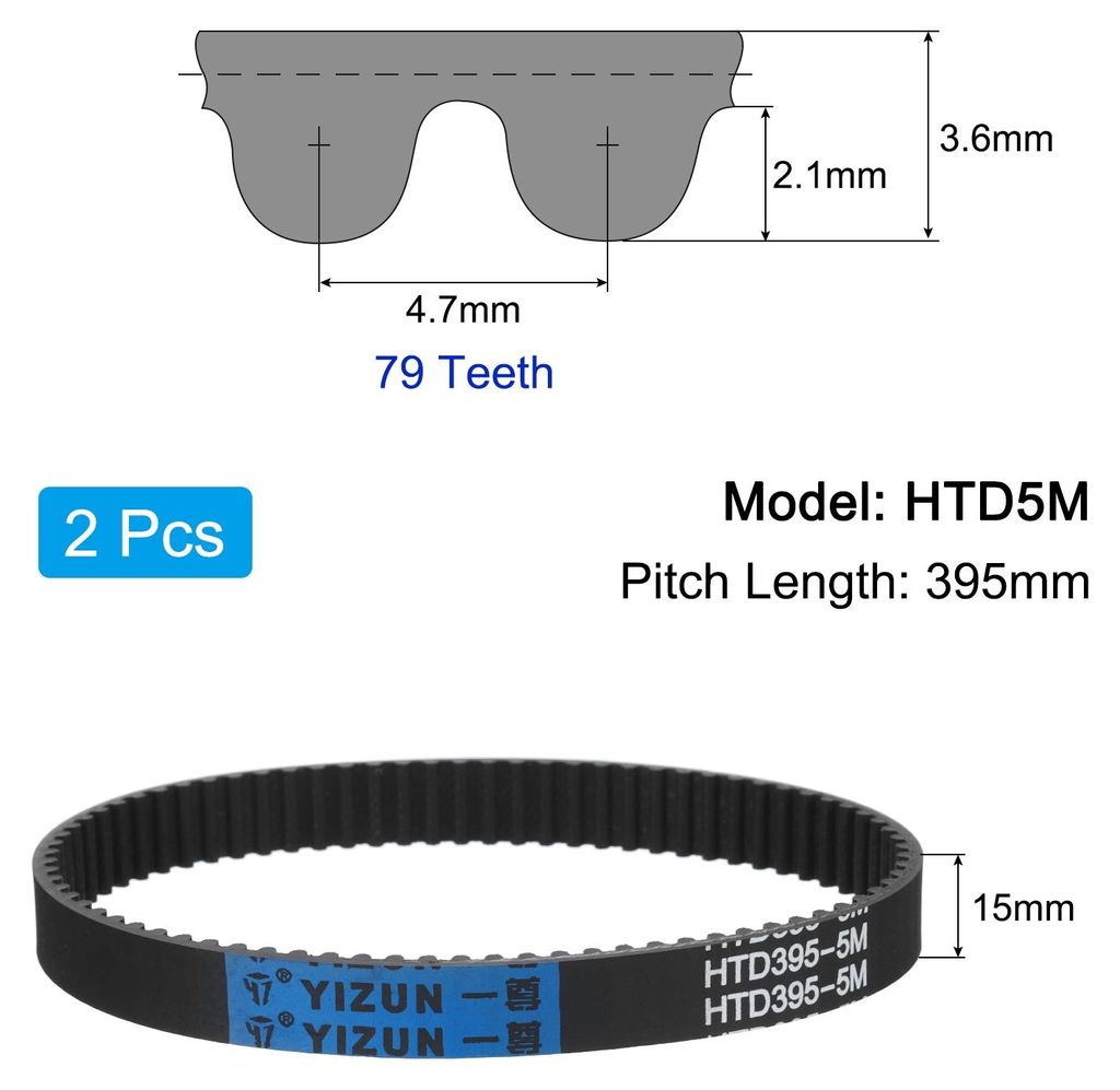 2 Stš¹ck HTD-5M Gummi Zahnriemen 79 Z?hne, 395mm Steigungsl?nge x 15mm Breite x 3,6mm H?he, Gummizahnriemen Keilriemen Antriebsriemen geschlossen...